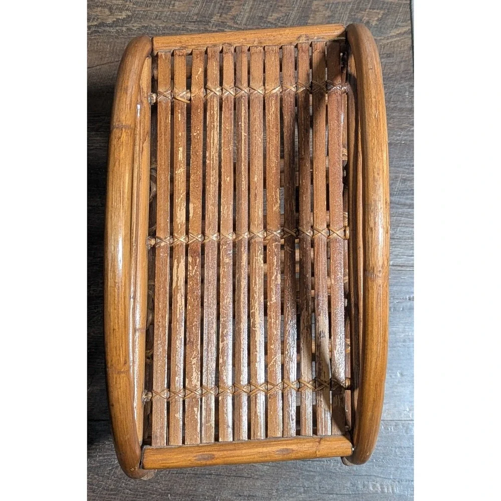 Vintage Bent-Rattan/Bamboo Six Bottle Tabletop Wine Rack With Shelf for Glasses